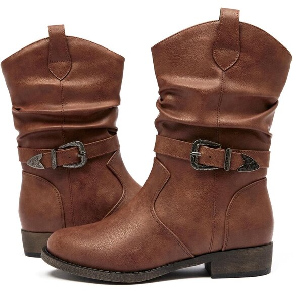 Veittes Womens Brown Low Chunky Heel Motorcycle Style Side Zipper Classic Boots - Picture 2 of 6